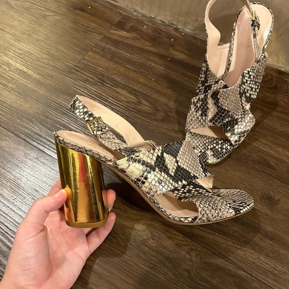 KATE SPADE Leather SnakeSkin Print Crisscross Straps High Gold block Heel buckle - Picture 3 of 9